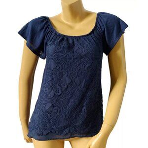 NO BOUNDARIES Womens Size XS (1) Blue Lace Overlay Short Sleeve Boho Shirt Top
